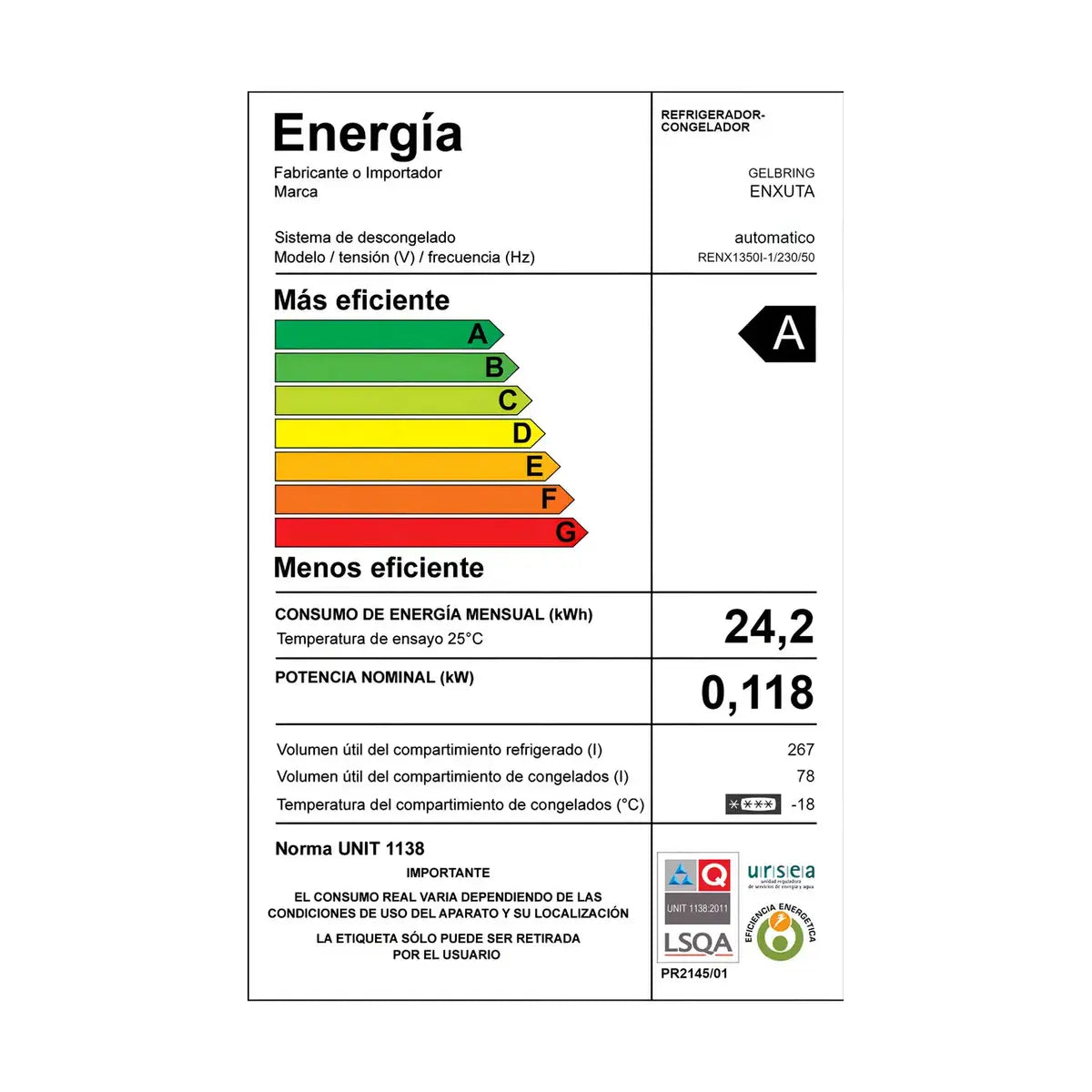 Heladera Enxuta RENX1350I 348 L No Frost Inox – Sin Caja Original