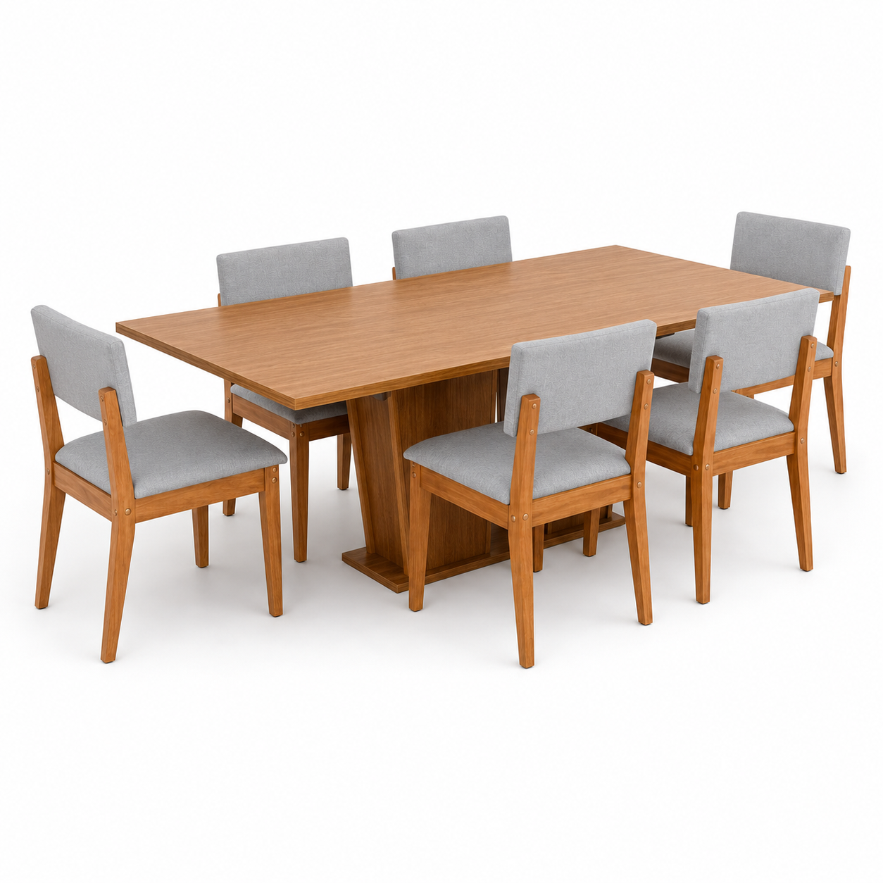 Juego de Comedor Moderno de 6 Sillas Tapizadas – Mesa Acabado Madera Natural