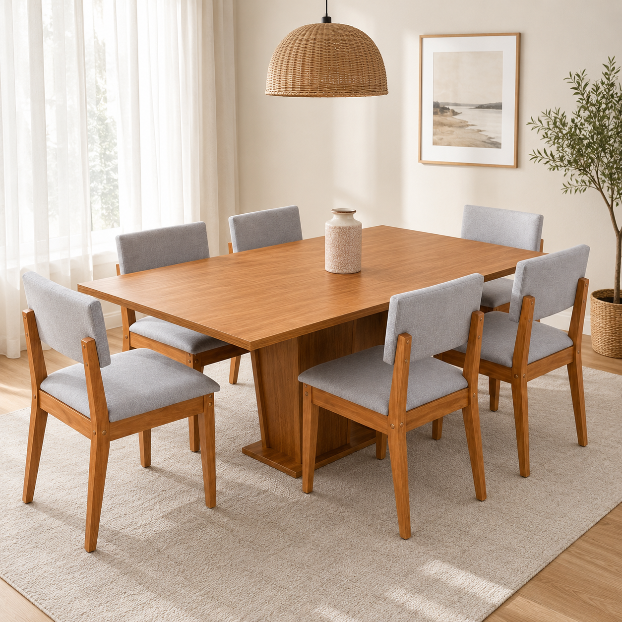 Juego de Comedor Moderno de 6 Sillas Tapizadas – Mesa Acabado Madera Natural