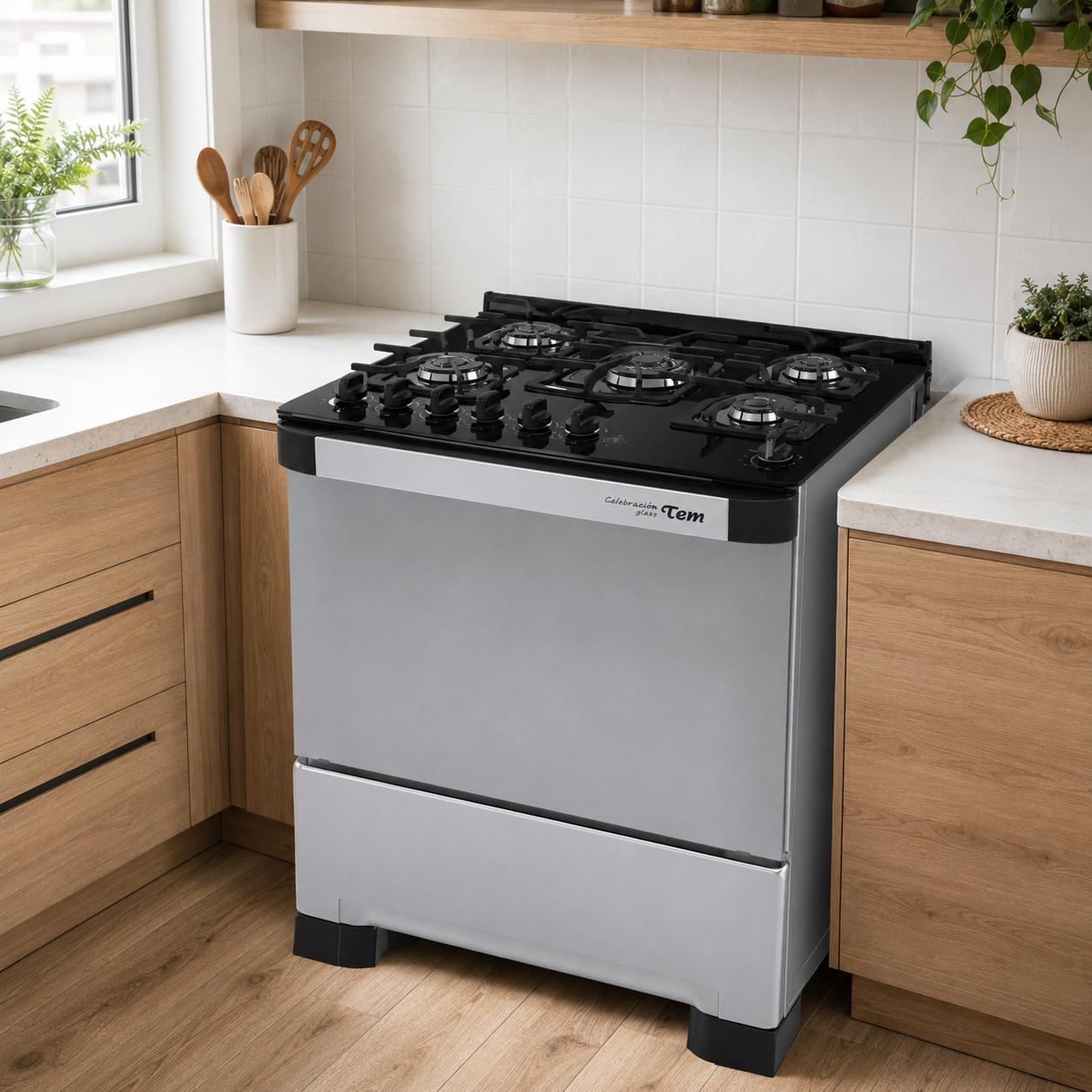 Cocina a Gas TEM Celebration Glass 5 Hornallas Acero Inoxidable