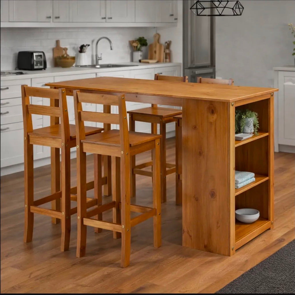 Mesa desayunadora / Barra con estantería lateral + banquetas