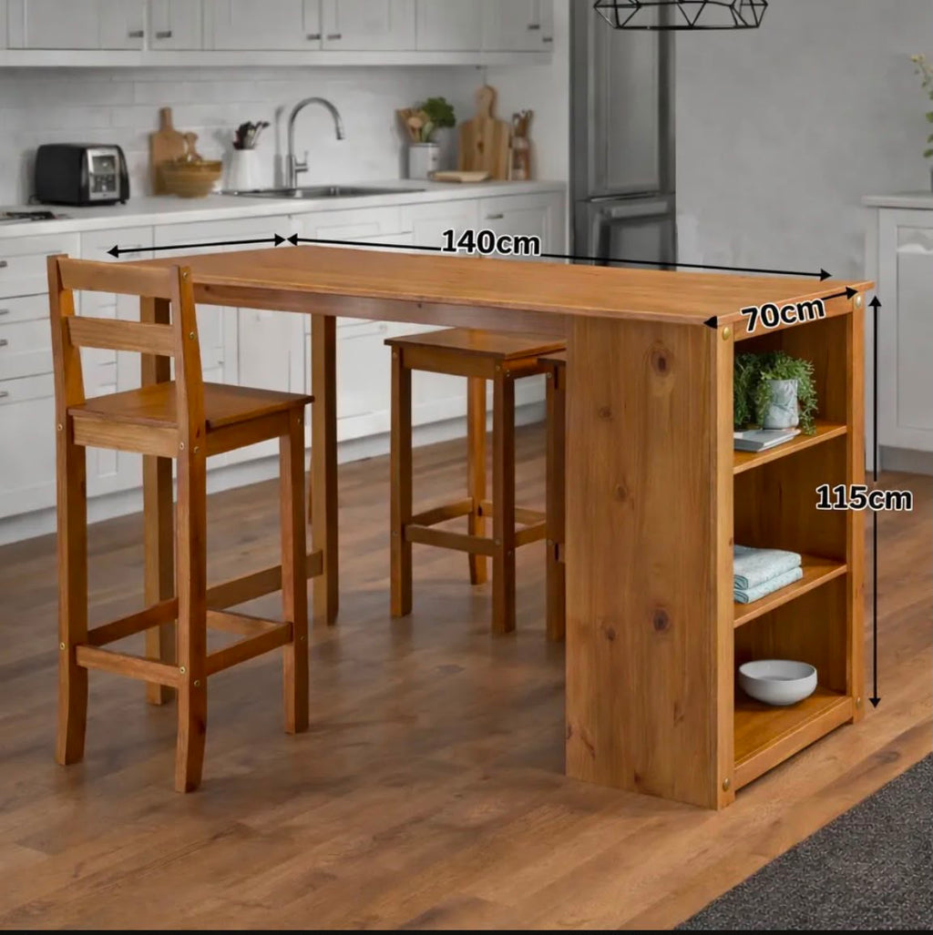 Mesa desayunadora / Barra con estantería lateral + banquetas